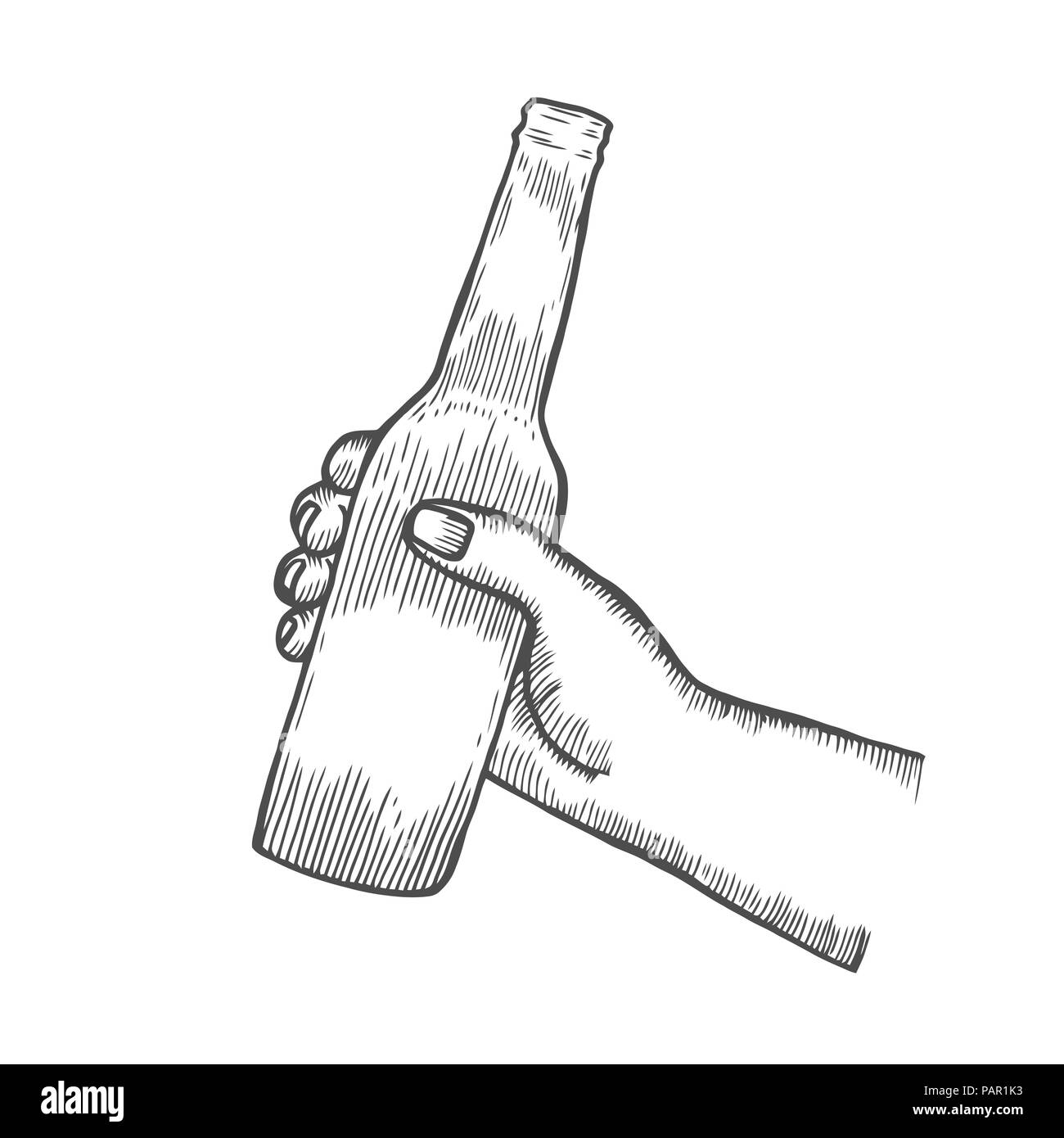 Maschio tenuta a mano e il tintinnio aprire le bottiglie di birra. Vintage vettore illustrazione incisione per il web, poster, invito a parte. Isolato su bianco backgr Illustrazione Vettoriale