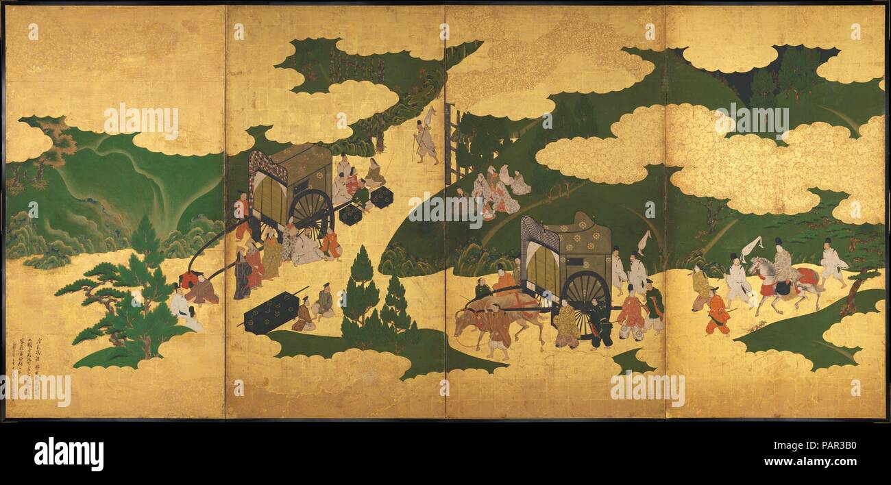 Scene dal racconto di Genji: 'Royal scampagnate," "Ukifune,' e 'The Gatehouse'. Artista: Tosa Mitsuyoshi (giapponese, 1539-1613). Cultura: il Giappone. Dimensioni: immagine (ogni schermo): 65 1/2 in. × 11 ft. 8 a. (166.4 × 355,6 cm). Data: metà-16th-inizio del XVII secolo. Questi schermi, originariamente montati su pannelli scorrevoli, erano probabilmente parte di un insieme più grande che racchiusa una stanza. Nella parte centrale della schermata di destra che rappresentano "Royal Gita' capitolo, principi e alta cortigiani approccio in processione mentre i falconieri e cacciatori rush per cacciare. Nella scena in basso a sinistra, il Principe Niou, Genji's grandso Foto Stock