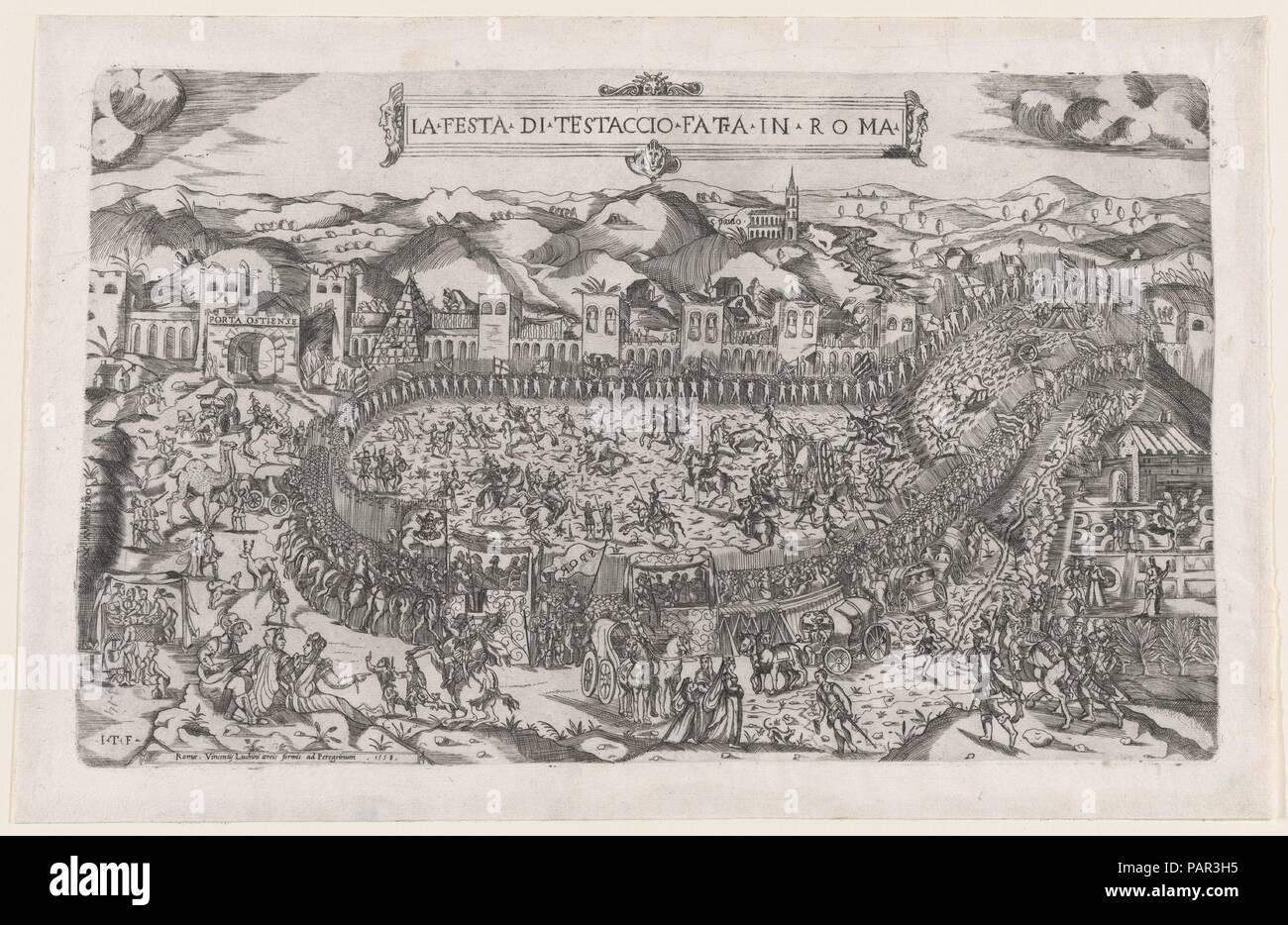 Speculum Romanae Magnificentiae": Carnevale giochi terrà nel Monte Testaccio a Roma. Artista: Monogrammist ITF (italiano (?), active ca. 1540-60). Dimensioni: foglio: 12 3/8 x 19 5/16 in. (31,5 x 49 cm): piastra 10 5/8 x 17 5/16 in. (27 x 44 cm). Editore: Antonio Lafreri (francese, Orgelet, Franche-Comte ca. Roma 1512-1577); Vincenzo Luchino (italiano, attivo a Roma e Venezia dal 1552, morì a Venezia (?), 1569/71). Serie/Portfolio: Speculum Romanae Magnificentiae". Data: 1558. Questa stampa proviene dal museo della copia del Speculum Romanae Magnificentiae" (Lo specchio della magnificenza romana) Speculu Foto Stock