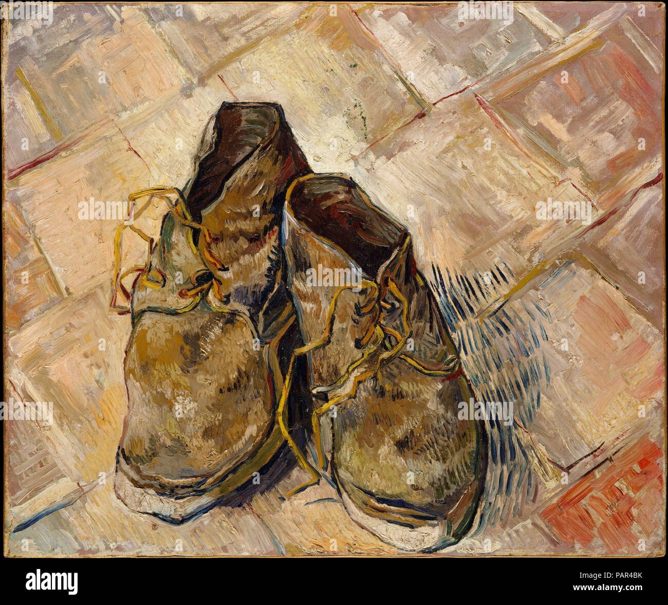 Scarpe. Artista: Vincent van Gogh (Olandese, Zundert 1853-1890 Auvers-sur-Oise). Dimensioni: 18 x 21 3/4 in. (45,7 x 55,2 cm). Data: 1888. Van Gogh dipinto diverse nature morte di scarpe o stivali durante il suo periodo di Parigi. Questa immagine dipinta successivamente in Arles, dimostri un ritorno esclusivo per il motivo precedente. Tuttavia, qui Van Gogh ha messo le scarpe all'interno di uno specifico contesto spaziale: vale a dire, Red-piastrelle del pavimento della casa gialla. Non solo ci si può identificare l'impostazione, ma forse il proprietario delle scarpe come bene. È stato suggerito che questo 'Still vita di vecchi contadini " scarpe possono essere state quelle di Foto Stock
