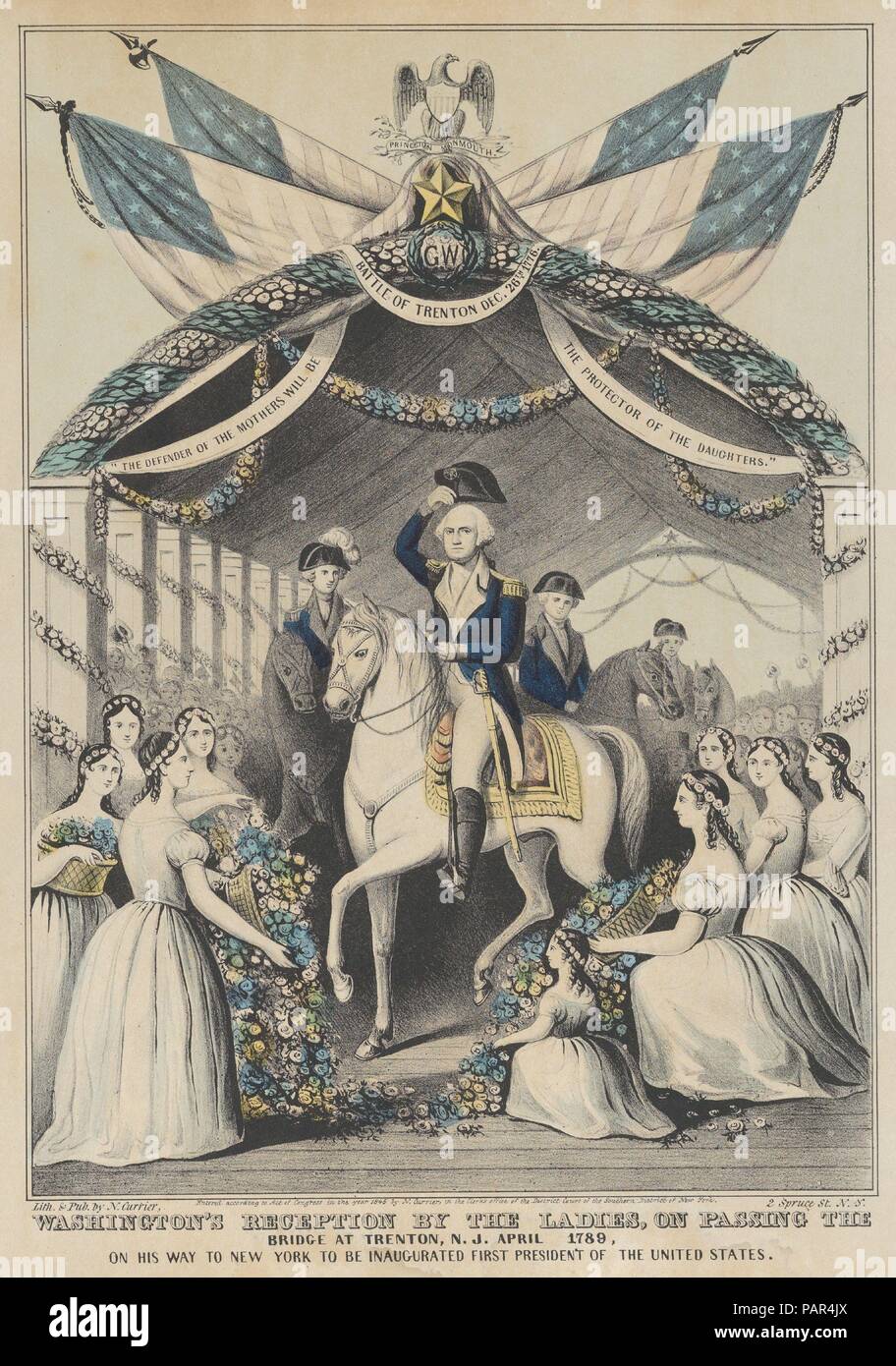 Washington la ricezione da parte del Signore su passando il ponte a Trenton, N.J., aprile 1789, sul suo modo di essere inaugurato il primo Presidente degli Stati Uniti. Dimensioni: Immagine: 12 1/16 x 8 3/4 in. (30,7 × 22,3 cm) foglio: 14 1/8 × 12 1/8 in. (35,8 × 30,8 cm). Editore: litografato e pubblicato da Nathaniel Currier (American, Roxbury, Massachusetts 1813-1888 New York). Sitter: George Washington (American, 1732-1799). Data: 1845. George Washington a cavallo accompagnato da altri colleghi, è accolto dagli onorevoli fiori del cuscinetto come egli passa sopra il ponte a Trenton. I banner di recare la seguente Foto Stock