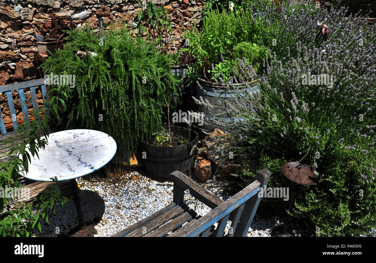 Il giardino segreto area con posti a sedere in un meraviglioso cortile con giardino nel sud della Francia. Proprietà rilasciato Foto Stock