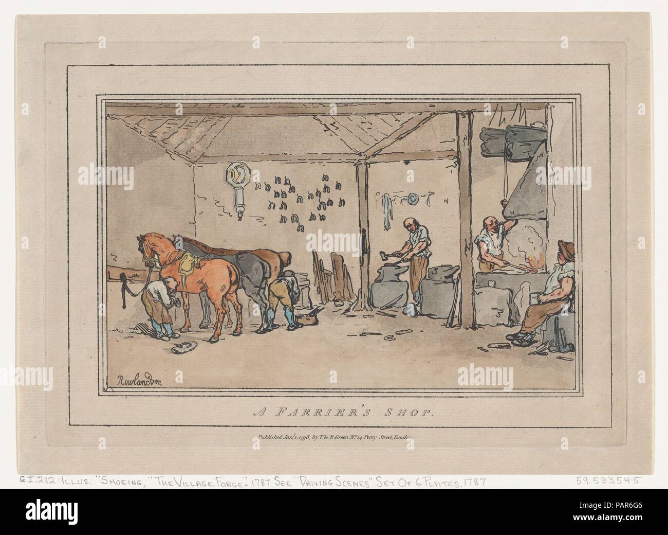 Un maniscalco del negozio. Artista: Thomas Rowlandson (British, Londra Londra 1757-1827). Dimensioni: foglio: 7 13/16 × 10 11/16 in. (19,9 × 27,2 cm) Piastra: 6 7/8 × 9 13/16 in. (17,4 × 24,9 cm). Editore: Valentino verde (British, Salford 1739-1813 Londra); Rupert verde (British, Londra ca. 1768-1804 Londra). Data: Gennaio 1, 1798. Museo: Metropolitan Museum of Art di New York, Stati Uniti d'America. Foto Stock