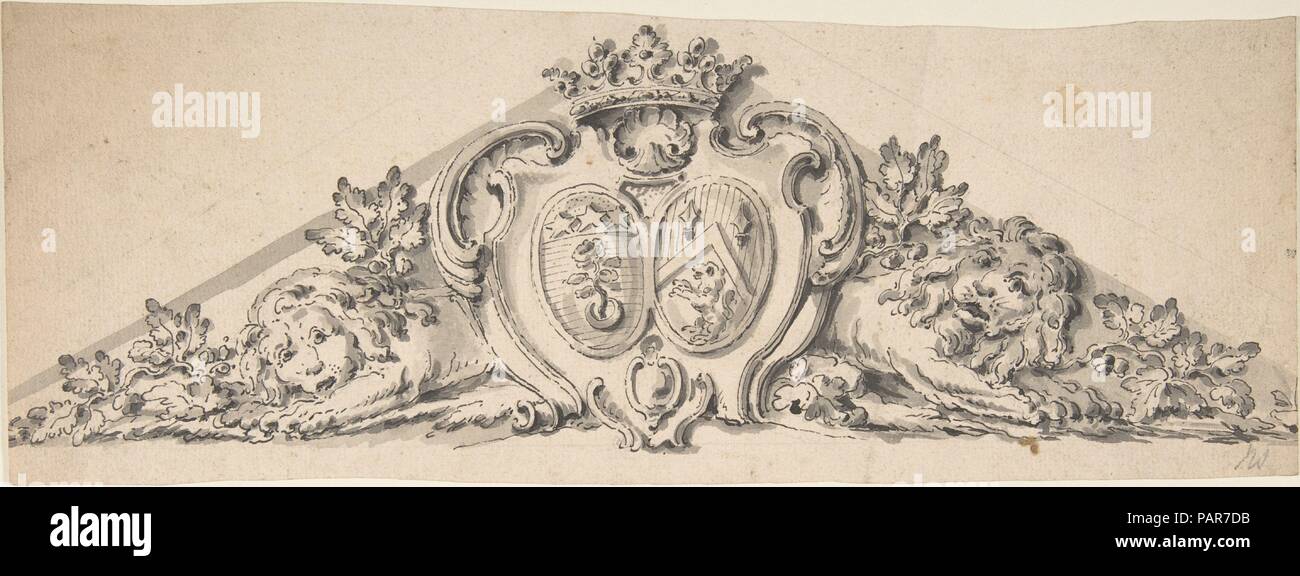 Design per Frontone con due stemmi araldici, leoni e una corona. Artista: Anonimo, Francese, XVIII secolo; attribuita a Jean Charles Delafosse (francese, Parigi Parigi 1734-1789). Dimensioni: foglio: 4 7/8 x 12 15/16 in. (12,4 x 32,9 cm). Data: XVIII secolo. Museo: Metropolitan Museum of Art di New York, Stati Uniti d'America. Foto Stock