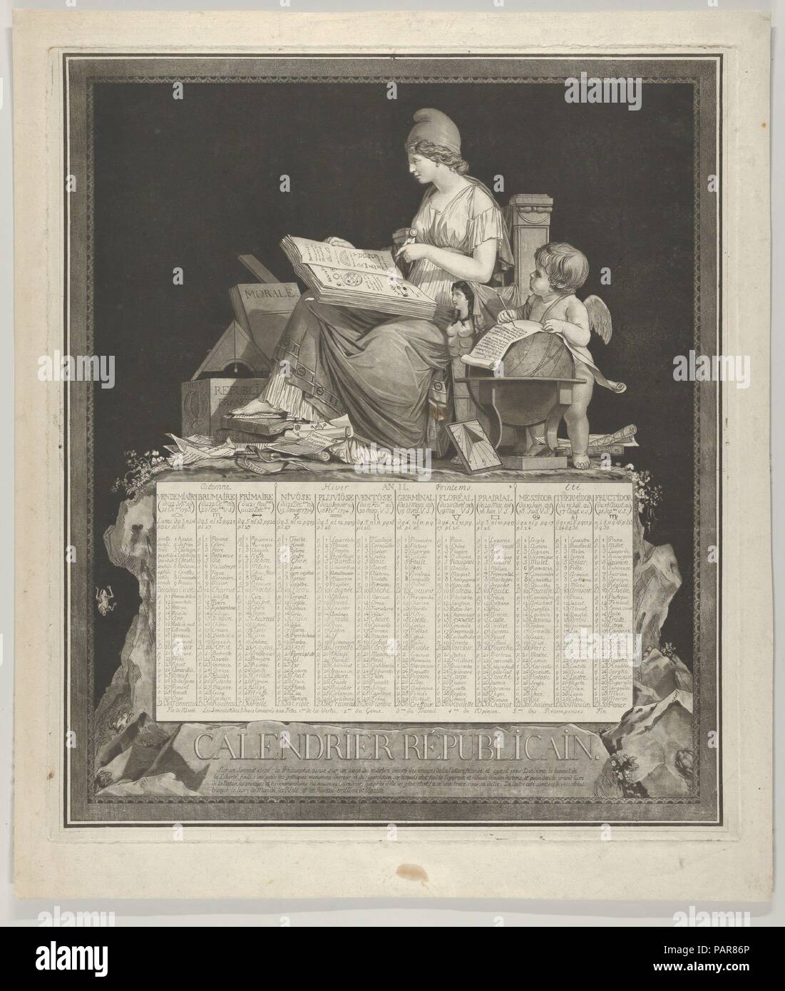 Calendario Rivoluzionario. Artista: Louis Debucourt Philibert (francese, Parigi Parigi 1755-1832). Dimensioni: foglio: 19 3/16 × 16 3/8 in. (48,8 × 41,6 cm) Piastra: 17 1/4 × 14 15/16 in. (43,8 × 38 cm) immagine: 16 3/4 × 14 1/4 in. (42,6 × 36,2 cm). Data: 1793. Museo: Metropolitan Museum of Art di New York, Stati Uniti d'America. Foto Stock