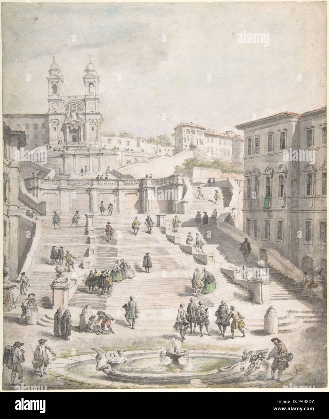 La scalinata della Trinità dei Monti. Artista: Giovanni Paolo Panini (italiano, Piacenza Roma 1691-1765). Dimensioni: 13-11/16 x 11-9/16 in. (34,8 x 29,3 cm). Data: ca. 1756-58. Questo acquerello sembra essere stato concepito come un arte fine a se stessa, in quanto non è lo studio di un noto dipinto. Panini ha fatto uso della composizione, tuttavia in una serie di coppie di dipinti eseguiti tra il 1756 e il 1758, in rappresentanza di gallerie immagini affollata da molti punti di vista o di antiche o moderne Roma. In 'Roma moderna della prima coppia, che è stato commissionato dal Duca di Choiseul ed ora è in M Foto Stock