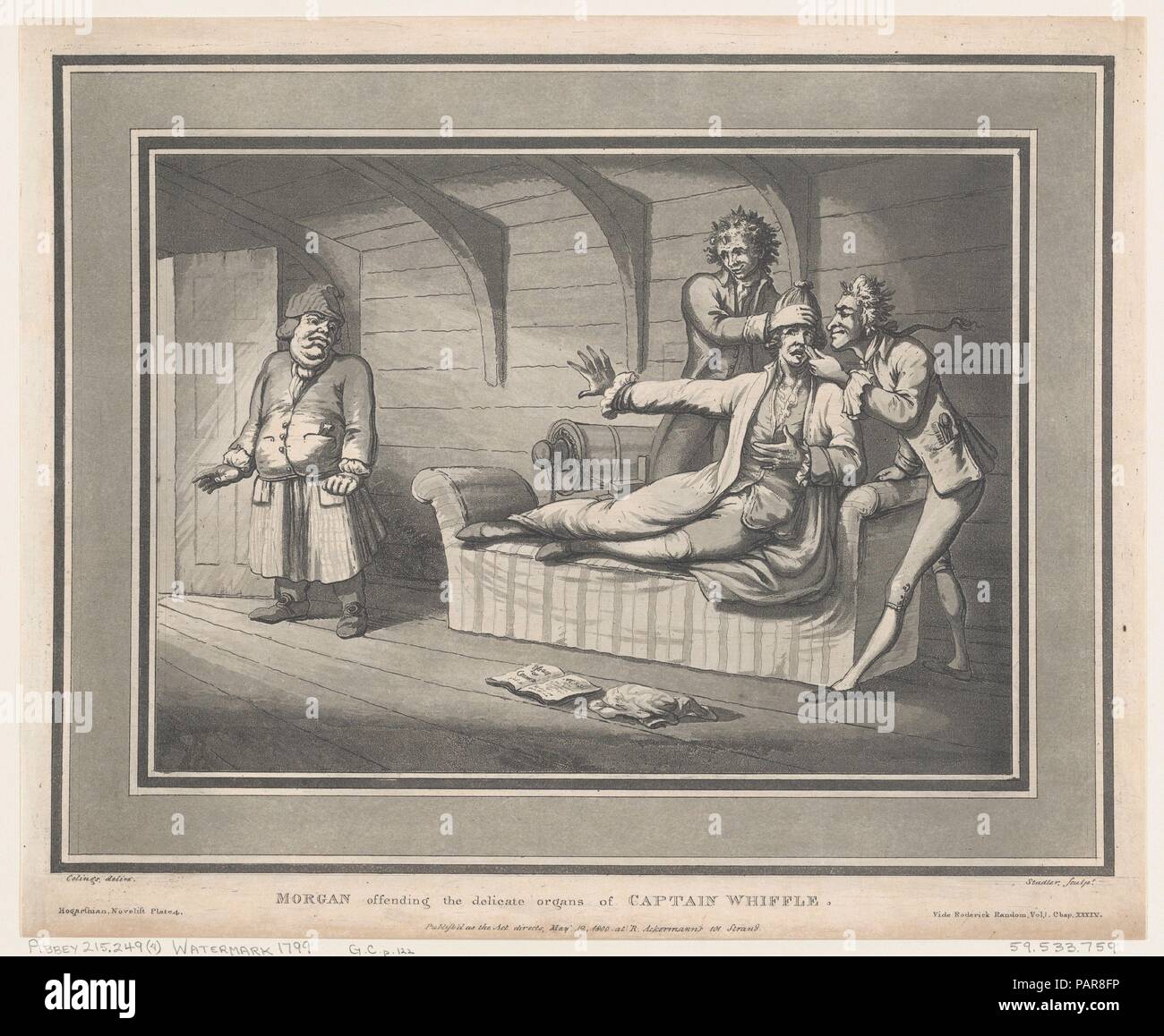 Morgan offendere gli organi delicati del capitano Whiffle. Artista: Dopo Samuel Collings (British, attivo 1784-95). Dimensioni: Foglio (rifilati): 12 5/8 × 14 3/4 in. (32 × 37,5 cm) Piastra: 11 3/4 × 13 13/16 in. (29,8 × 35,1 cm). Editore: Rudolph Ackermann, Londra (attivo 1794-1829). Data: 12 maggio 1800. Museo: Metropolitan Museum of Art di New York, Stati Uniti d'America. Foto Stock