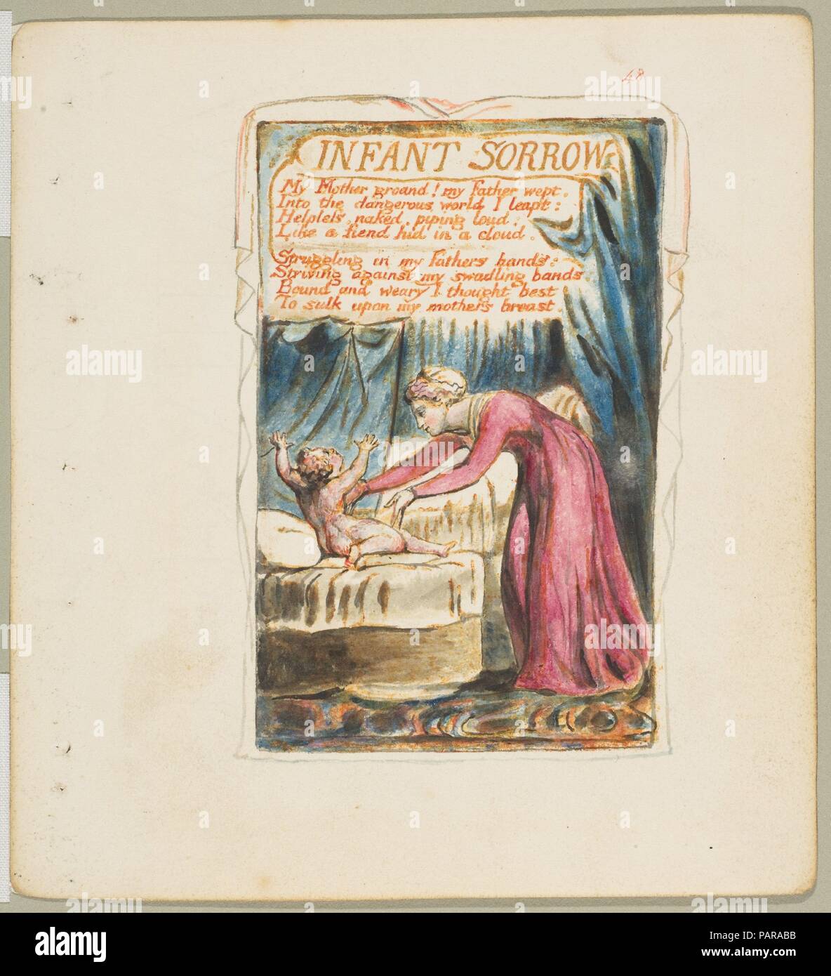 Canti di innocenza e di esperienza: Neonato dolore. Artista: William Blake (British, Londra Londra 1757-1827). Dimensioni: foglio: 6 3/16 x 5 9/16 in. (15,7 x 14,1 cm). Data: ca. 1825. Museo: Metropolitan Museum of Art di New York, Stati Uniti d'America. Foto Stock