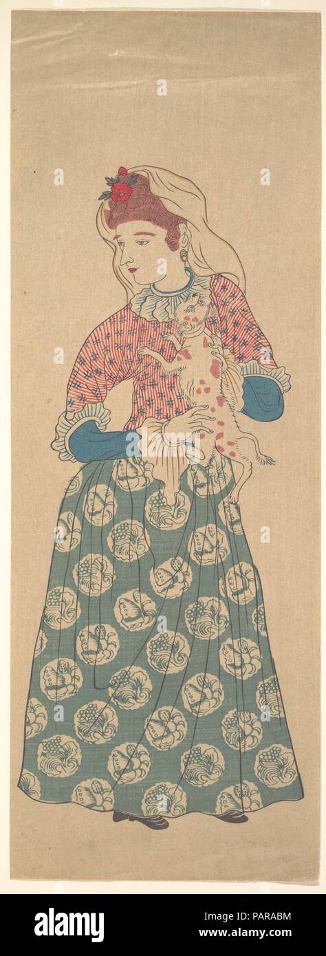 Donna olandese tenendo un cane. Artista: artista non identificato. Cultura: il Giappone. Dimensioni: Immagine: 17 1/16 x 6 1/8 in. (43,3 x 15,6 cm). Data: prima metà del XIX secolo. Questa stampa non è stata prodotta a Yokohama ma piuttosto in Nagasaki, l'unica porta aperta al commercio estero fino alla fine del periodo Edo e così il Giappone la finestra solo per paesi stranieri. Stampe di Nagasaki in genere illustrato esotiche di navi a vela e olandese e il popolo cinese. Essi sono stati una fonte importante per le stampe di Yokohama. Museo: Metropolitan Museum of Art di New York, Stati Uniti d'America. Foto Stock