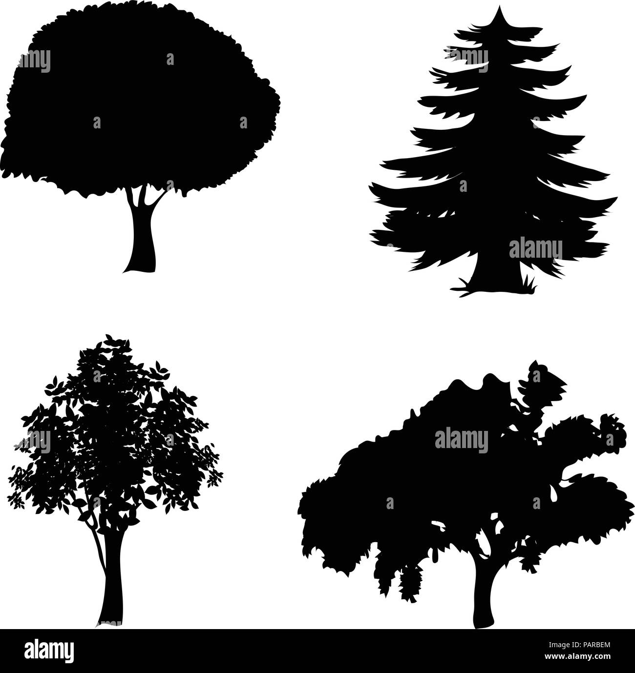 Set di vettore di alberi icone. Silhouette nera di fogliame e pini isolati su sfondo bianco. Illustrazione Vettoriale