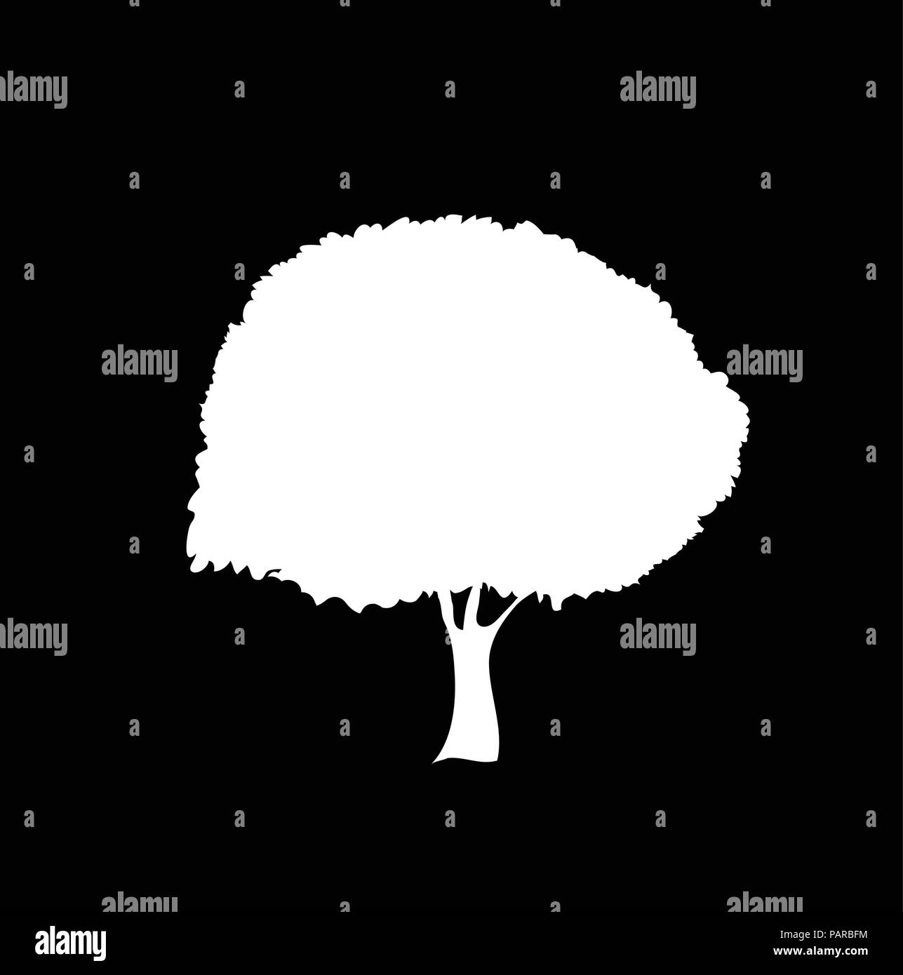 Silhouette bianca di fogliare icona albero isolato su sfondo nero. Illustrazione Vettoriale, segno, simbolo, clip art, il pittogramma per la progettazione. Illustrazione Vettoriale