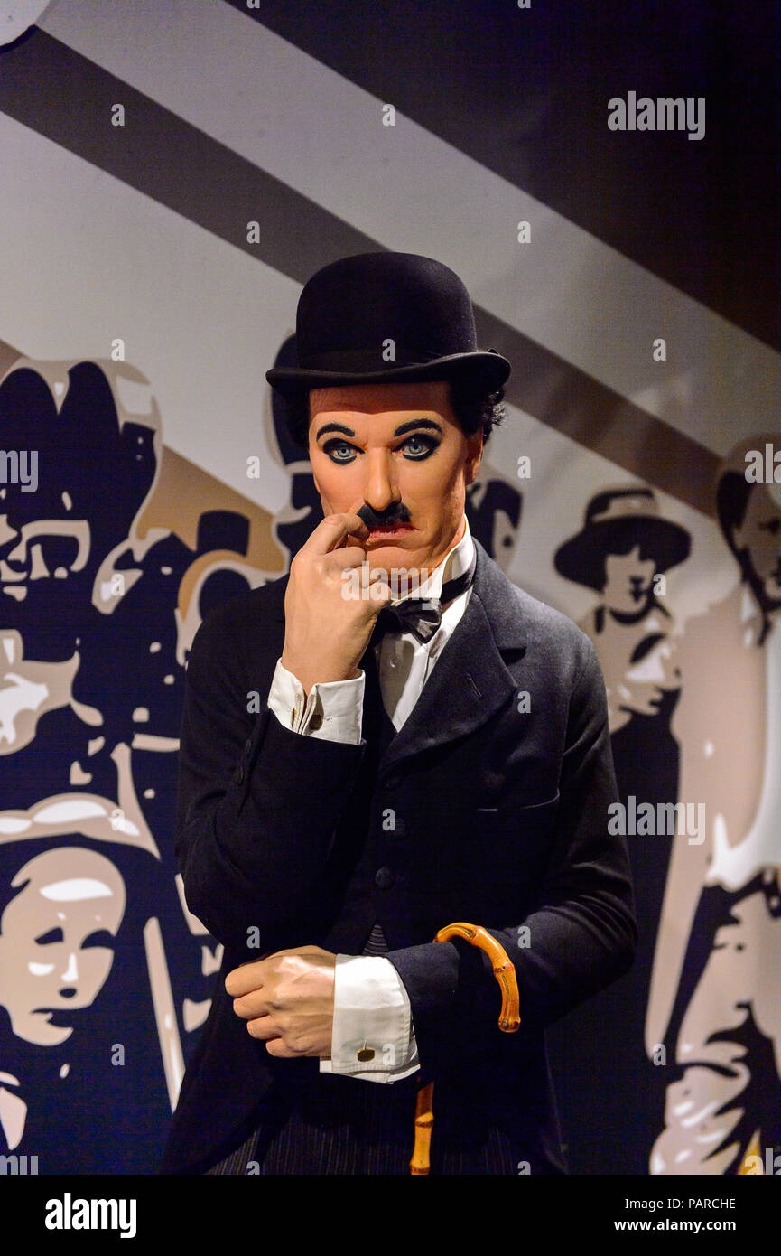 AMSTERDAM, PAESI BASSI - Ott 26, 2016: Sir Charles Spencer Charlie Chaplin, un inglese un attore comico, regista, il museo delle cere di Madame Tussauds di Amsterdam Foto Stock