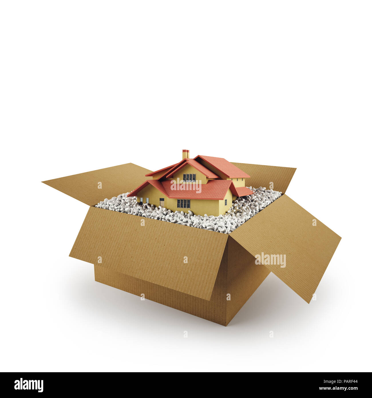 Casa in una scatola di cartone. Concetto di acquisto di un'abitazione. Il rendering 3D Foto Stock