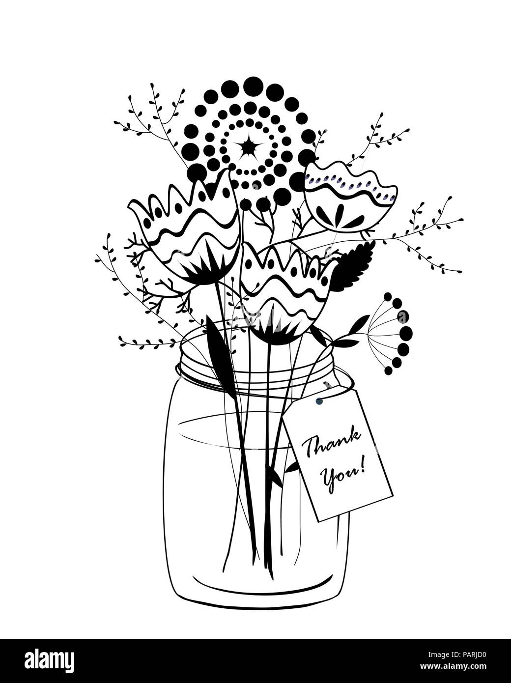 Doodle bouquet di fiori in vaso di vetro. Ringrazio il Card. Vettore di contorno. Disegno a mano stile. Invito floreali, grazioso poster. Illustrazione Vettoriale