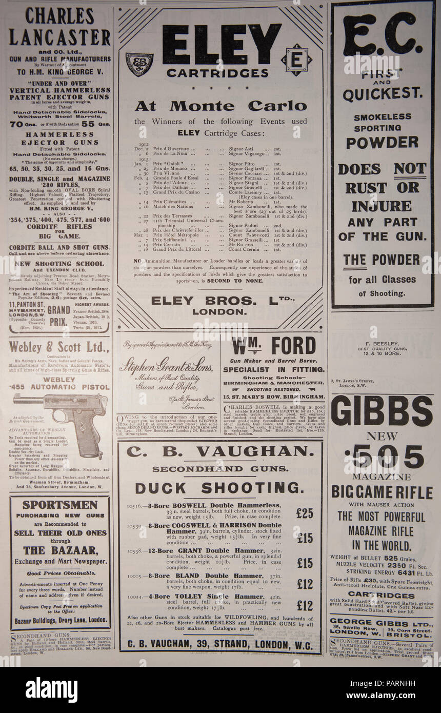 Annuncio per varie pistole e cartucce. Da un vecchio magazzino durante il periodo 1914-1918. Regno Unito GB Foto Stock