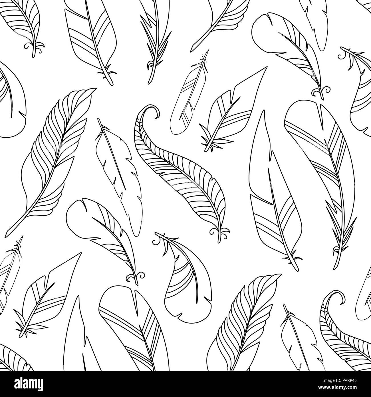 Cartoon vettore di piuma seamless pattern bird texture di sfondo monocromo Illustrazione Vettoriale