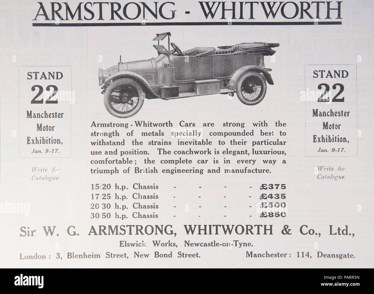 Annuncio per Armstrong-Whitworth vetture. Da un vecchio magazzino durante il periodo 1914-1918. Regno Unito GB Foto Stock