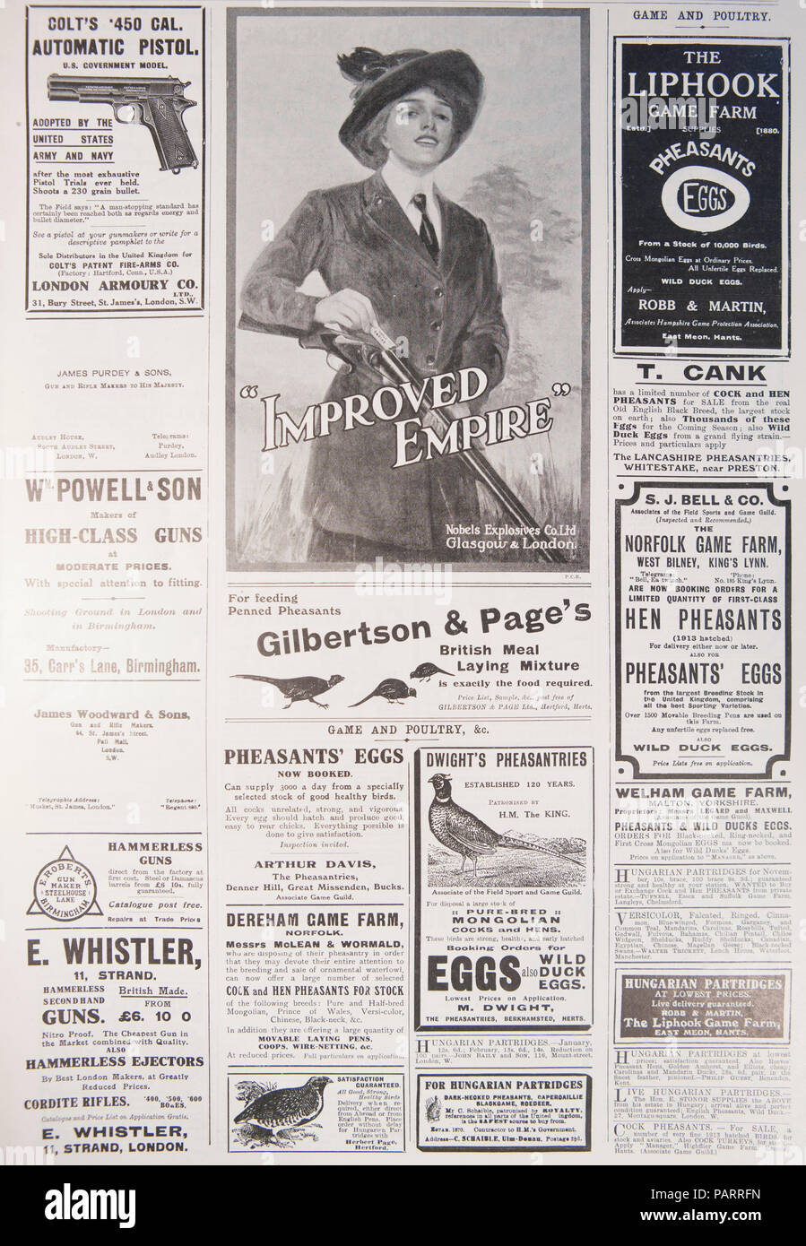 Il vecchio tiro, pistola e inserzioni associati. Da un vecchio magazzino durante il periodo 1914-1918. Regno Unito GB Foto Stock