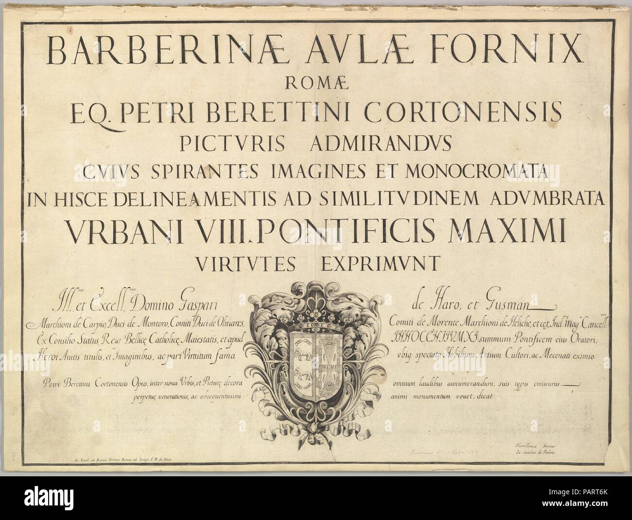 Barberinae aulae fornice. Artista: Anonimo, italiano, XVII secolo; dopo Pietro da Cortona (Pietro Berrettini) (italiano, Cortona 1596-1669 Roma). Il dedicatario: Gaspar de Guzman, conte di Olivares e duca di Sanlucar de Barrameda (Spagnolo, 1587-1645). Dimensioni: Mount: 15 7/8 in. × 21 3/8 in. (40,3 × 54,3 cm). Editore: Giovanni Giacomo De Rossi (Italiano, Roma Roma 1627-1691). Serie/Portfolio: Barberinae aulae fornice. Data: ca. 1677. Una serie di piastre in modo lasco tra loro cucite in rappresentanza di Pietro da Cortona di affreschi a soffitto "Allegoria della Divina Provvidenza e del potere Barberini' per il salone del Palazzo B Foto Stock