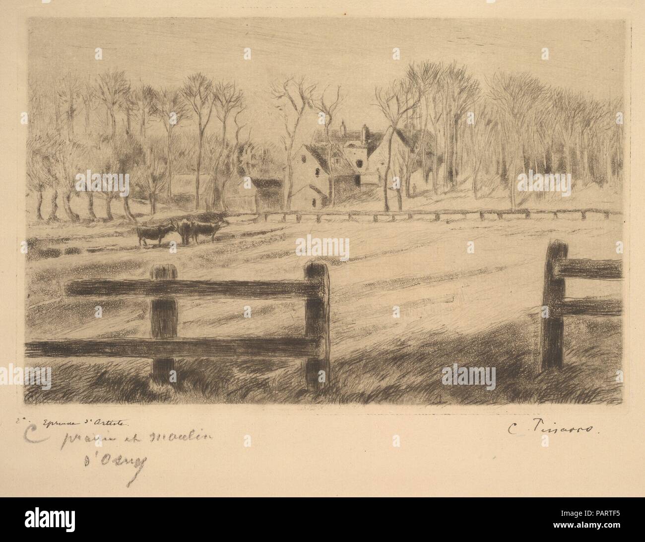 Campo e mulino ad Osny, 1885. Artista: Camille Pissarro (francese, Charlotte Amalie, Saint Thomas 1830-1903 Paris). Dimensioni: foglio: 11 1/8 x 17 3/4 in. (28,3 x 45,1 cm) piastra: 6 1/8 x 9 7/16 in. (15,6 x 23,9 cm). Data: 1885. Museo: Metropolitan Museum of Art di New York, Stati Uniti d'America. Foto Stock