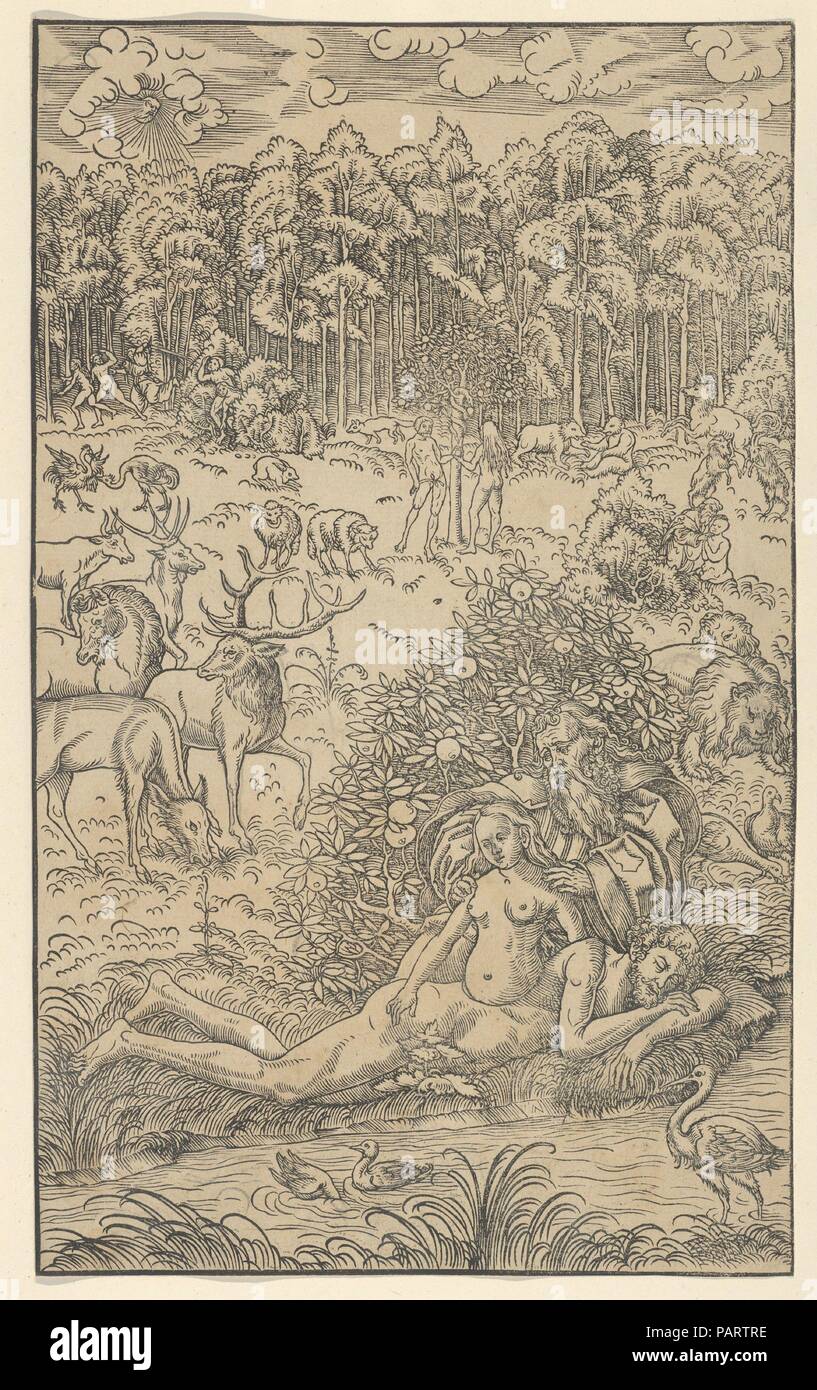 La creazione di Eva. Artista: Lucas Cranach il giovane e Workshop (tedesco, Wittenberg 1515-1586 Wittenberg). Dimensioni: foglio: 10 5/16 x 6 5/16 in. (26,2 × 16 cm). Museo: Metropolitan Museum of Art di New York, Stati Uniti d'America. Foto Stock