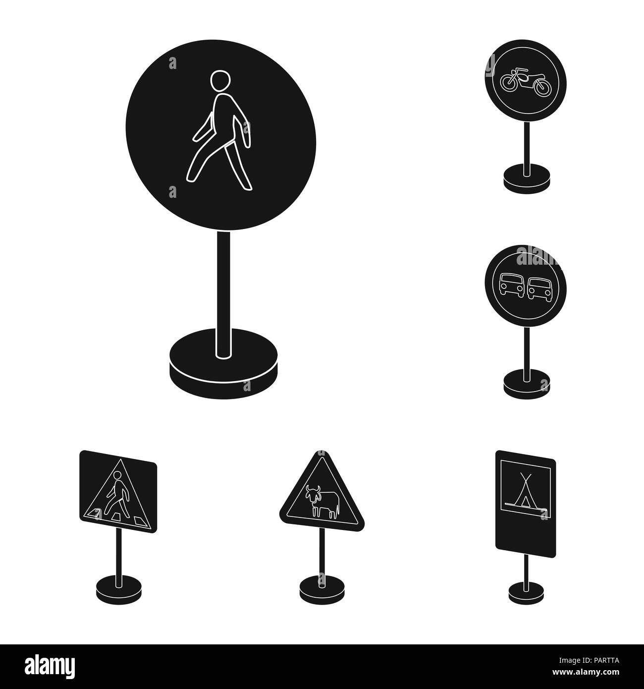 Diversi tipi di cartelli stradali icone nere in set di raccolta per il design. Avvertenza e cartelli di divieto simbolo vettore illustrazione stock. Illustrazione Vettoriale