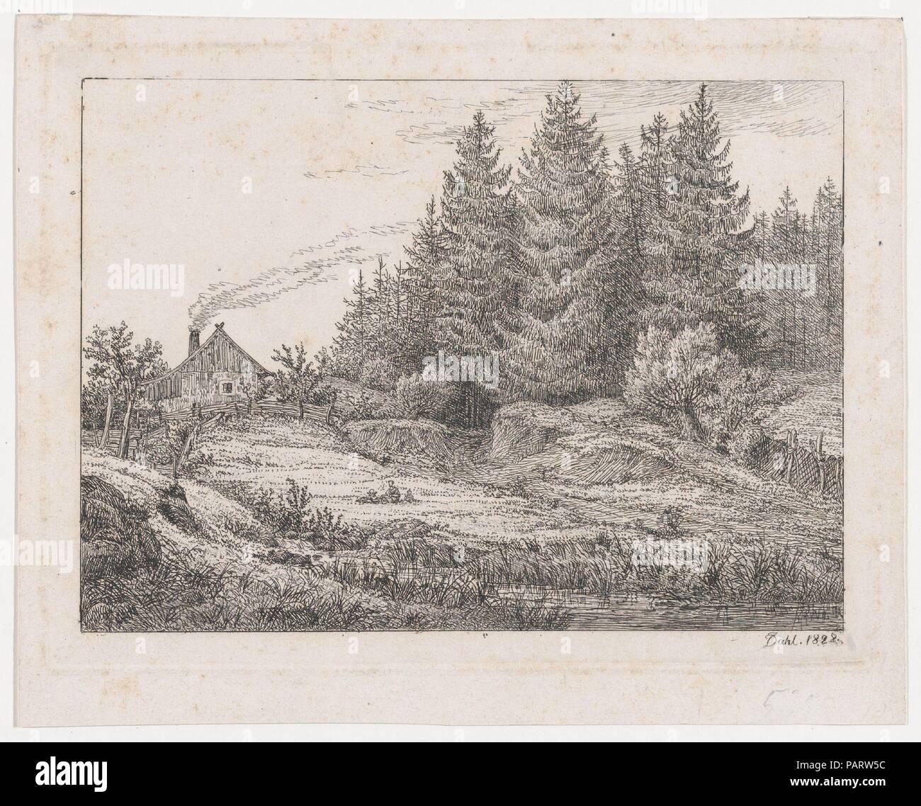 Contadina capanna a bordo di una foresta. Artista: Johan Christian Dahl (Norvegese, Bergen 1788-1857 Dresda). Dimensioni: Piastra: 5 3/4 × 7 11/16 in. (14,6 × 19,5 cm) foglio: 6 5/8 x 8 1/4 in. (16,8 × 20,9 cm). Data: 1828. Museo: Metropolitan Museum of Art di New York, Stati Uniti d'America. Foto Stock