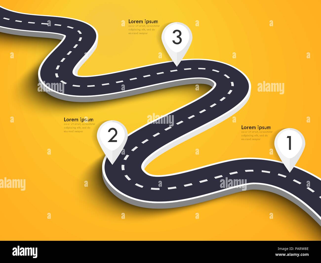 Strada di avvolgimento su un sfondo colorato. Tratto di strada percorso modello infografico con pin puntatore. EPS vettoriali 10 Illustrazione Vettoriale