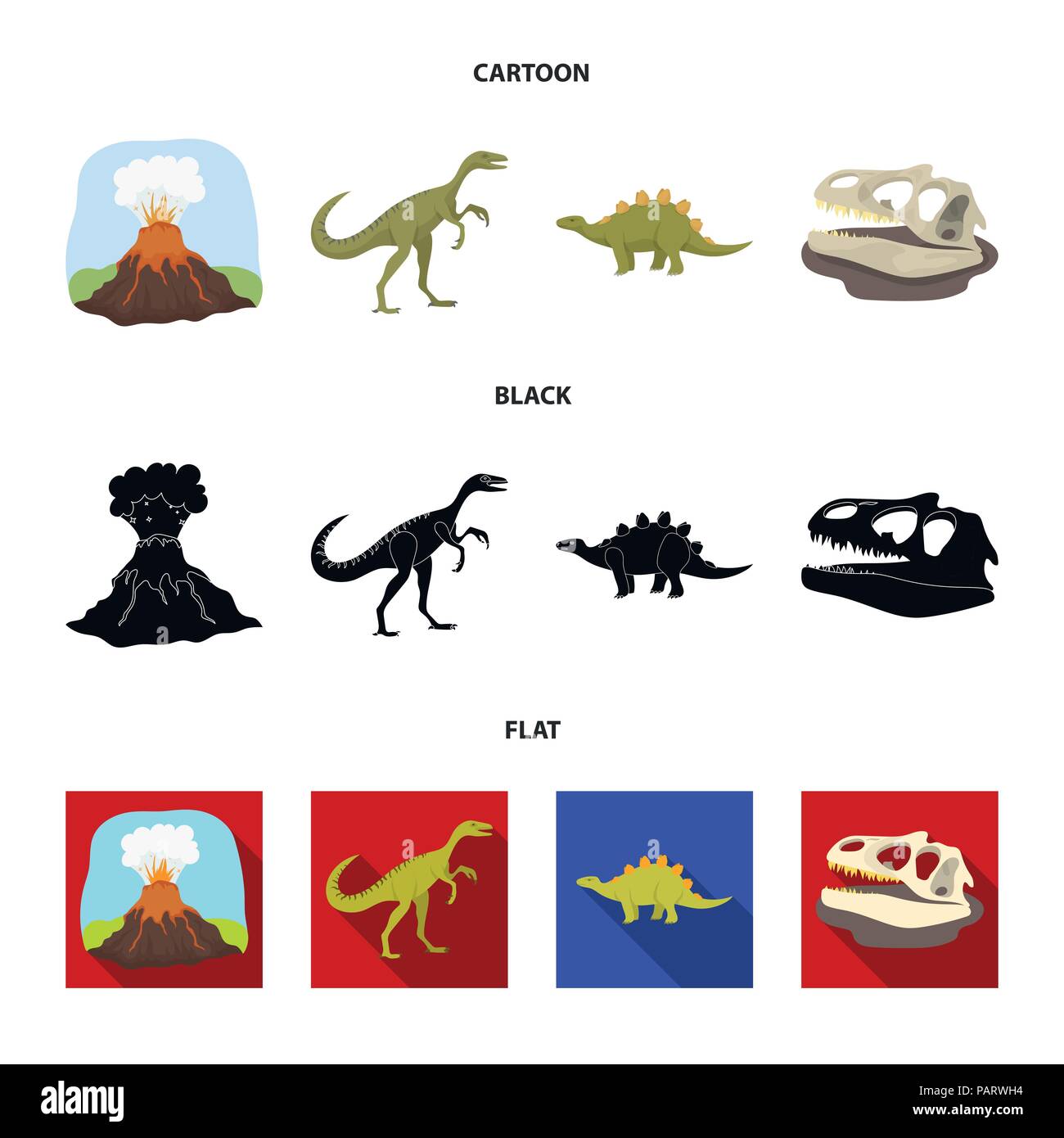Eruzione vulcanica, gallimimus, stegosaurus,teschio di dinosauro. Dinosauro e periodo preistorico set di icone di raccolta in cartoon,Black,piana vettore stile sym Illustrazione Vettoriale