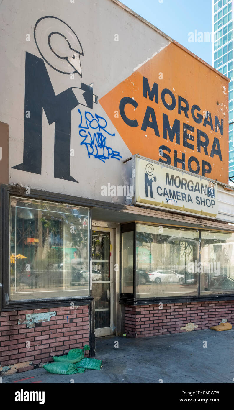 Una chiusa verso il basso e chiudere il negozio della fotocamera in Los Angeles, California, Stati Uniti d'America Foto Stock