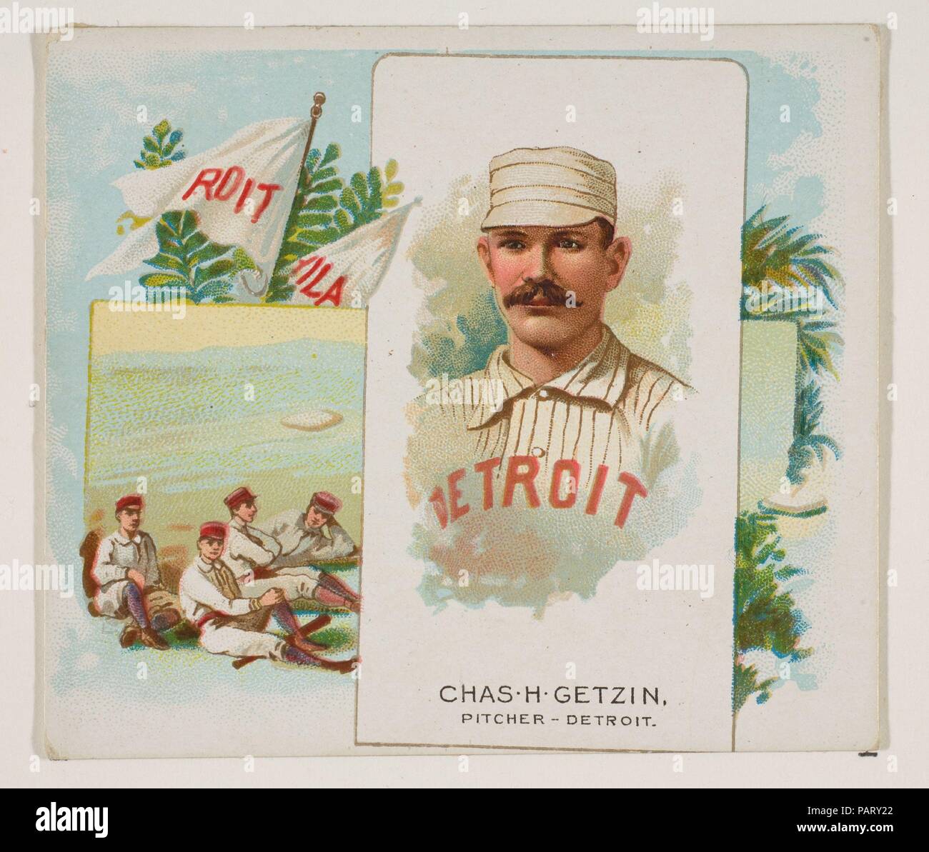 Charles H. Getzien, lanciatore, Detroit, dal mondo in Champions, Seconda serie (N43) per Allen & Ginter sigarette. Dimensioni: foglio: 2 15/16 x 3 1/4 in. (7,4 x 8,3 cm). Litografo: Lindner, Eddy & Claus (American, New York). Editore: Allen & Ginter (American, Richmond, Virginia). Data: 1888. "Pretzel' Getzien, lanciatore, Detroit ghiottoni. Scambio di carte da 'World in Champions', seconda serie (N43), rilasciato nel 1888 in un set di 50 schede per promuovere Allen & Ginter marca di sigarette. Museo: Metropolitan Museum of Art di New York, Stati Uniti d'America. Foto Stock