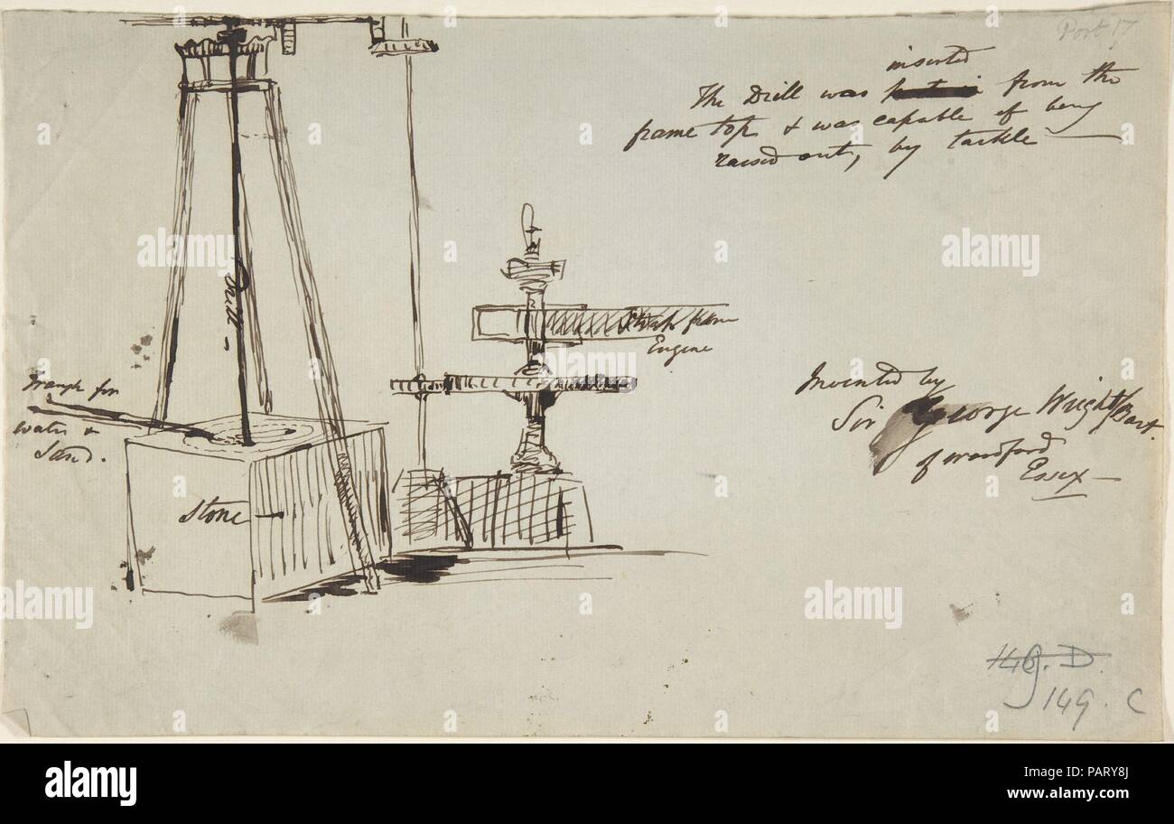 Schizzo di un trapano di pietra e vedeva. Artista: Sir George Wright (British, Leeds 1860-1942). Dimensioni: foglio: 7 3/4 x 12 3/4 in. (19,7 x 32,4 cm). Data: fine XIX-metà del XX secolo. Museo: Metropolitan Museum of Art di New York, Stati Uniti d'America. Foto Stock