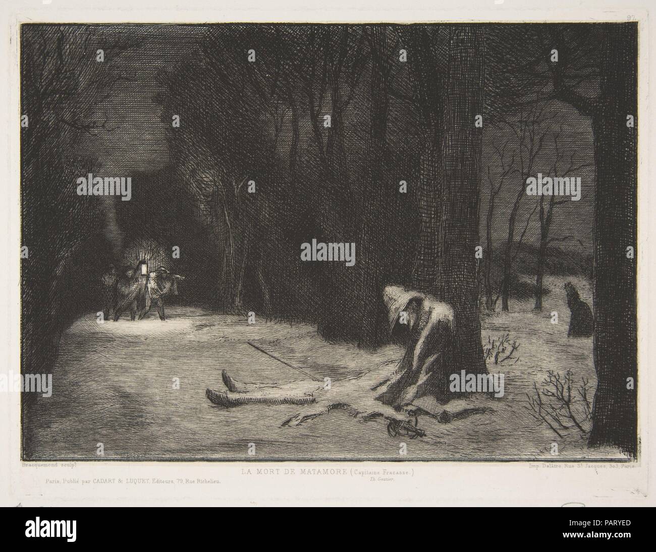 La Mort de Matamore (Capitaine Fracasse). Artista: Félix Bracquemond (francese, Parigi 1833-1914 Sèvres). Dimensioni: foglio: 12 1/8 × 18 7/8 in. (30,8 × 48 cm): piastra 7 a. × 9 1/4 in. (17,8 × 23,5 cm). Stampante: Auguste Delâtre (francese, Parigi Parigi 1822-1907). Editore: Cadart & Luquet. Data: 1864. Museo: Metropolitan Museum of Art di New York, Stati Uniti d'America. Foto Stock