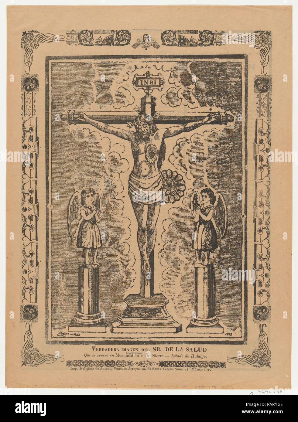 Broadsheet con Cristo in croce affiancata da due angeli. Artista: Anonimo. Dimensioni: foglio: 15 3/4 × 11 13/16 in. (40 × 30 cm). Editore: Antonio Vanegas Arroyo (1850-1917, Messicana). Data: 1910. Indistinto il nome dell'artista e data lungo la parte inferiore dell'immagine. Forse 'Posada Mex 1910'. Museo: Metropolitan Museum of Art di New York, Stati Uniti d'America. Foto Stock