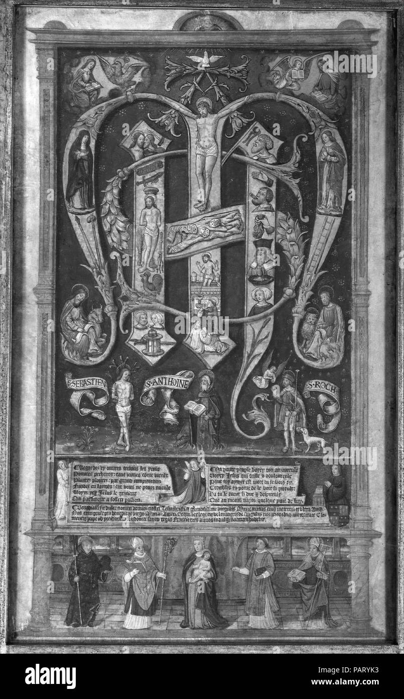Monogramma sacro con la Trinità, gli strumenti della Passione e santi. Artista: Anonimo, francese, Parigi?, del XV secolo. Dimensioni: immagine: 21 3/8 x 12 5/8 in. (54,3 x 32,1 cm) foglio: 21 3/4 x 13 1/4 in. (55,2 x 33,7 cm). Data: ca. 1490-1500. Museo: Metropolitan Museum of Art di New York, Stati Uniti d'America. Foto Stock
