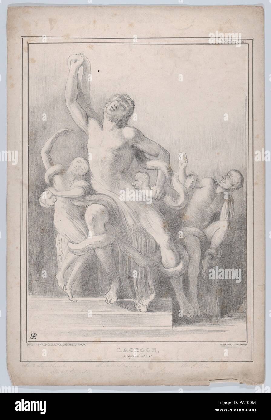 Laocoonte: un classico tema. Artista: John Doyle (l'irlandese di Dublino, Londra 1797-1868). Dimensioni: foglio: 17 1/16 × 11 9/16 in. (43,4 × 29,3 cm). Litografo: Alfred Ducôte (British, attivo 1830-40). Editore: Thomas McLean (British, attivo Londra 1788-1885). Serie/Portfolio: HB Bozzetti, No. 526. Oggetto: Thomas Primavera Riso, primo Baron Monteagle (British, 1790-1866); William agnello, secondo il visconte Melbourne (British, Londra 1779-1848 Hertfordshire); Henry Peter, primo Baron Brougham e Vaux (British, 1778-1868); John Singleton Copley (British, Boston, Massachusetts 1772-1863 Londra); signore Giovanni russe Foto Stock