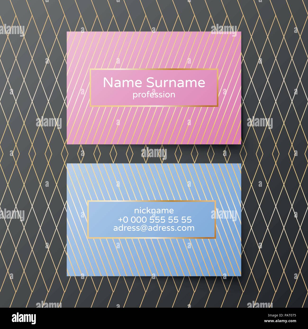 Business card template vettoriale. Rosa e blu coloros con elementi d'oro. Femminile e gara stile minimalista Illustrazione Vettoriale