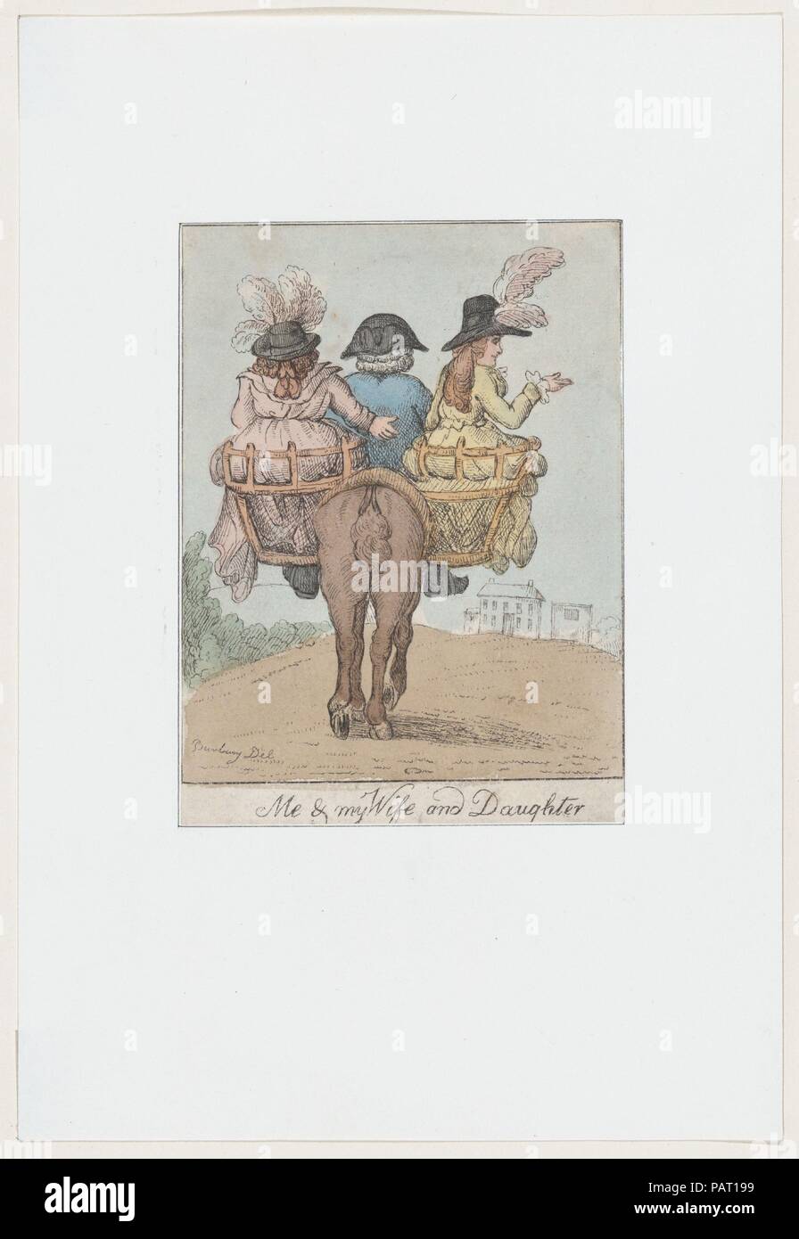 A me e a mia moglie e mia figlia. Artista: Dopo Henry William Bunbury (British, Mildenhall Suffolk, 1750-1811 Keswick, Cumberland). Dimensioni: foglio: 5 13/16 × 7 3/8 in. (14,8 × 18,8 cm). Data: 1780-1800. Questo dolcemente divertente immagine rappresenta tre membri della famiglia sostenuti da un cavallo singolo, con il padre a cavallo e la moglie e la figlia in gerle in corrispondenza di entrambi i lati. Come il trio si muove verso una casa lontana, la moglie mette il suo braccio con affetto attorno a suo marito della vita, e la figlia dei gesti per segnalare un invisibile oggetto di interesse. Museo: Metropolitan Museum of Art di New York, Stati Uniti d'America. Foto Stock