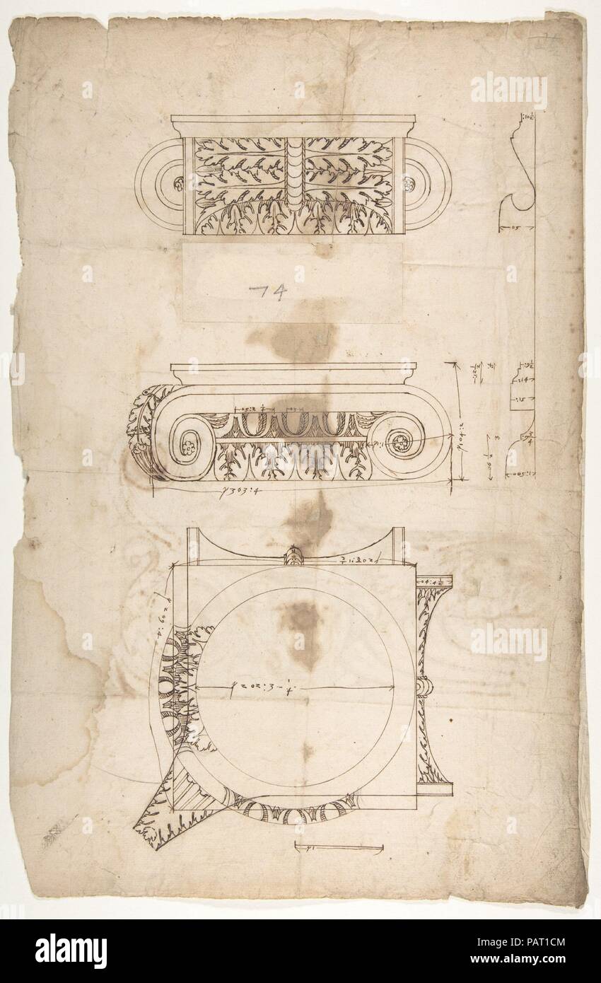 Tempio di Portonus, capitale, elevazioni e piano (recto) non identificato, capitale, elevazione (verso). Dimensioni: foglio: 17 3/16 x 11 1/4 in. (43,7 x 28,5 cm). Relatore per parere: disegnato da anonimo, francese, del XVI secolo. Serie/Portfolio: Goldschmidt Scrapbook. Data: inizio alla metà del XVI secolo. Museo: Metropolitan Museum of Art di New York, Stati Uniti d'America. Foto Stock