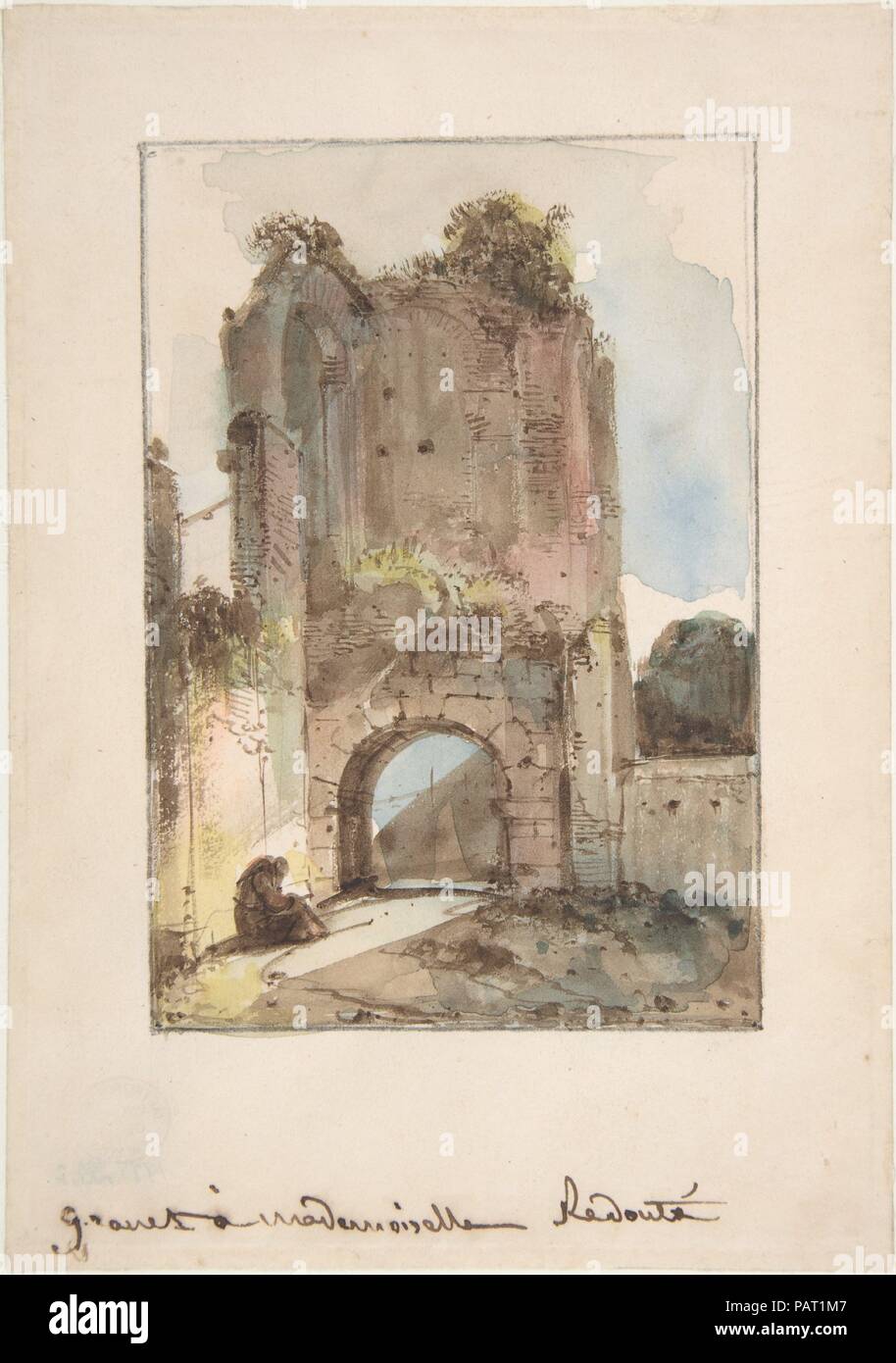 Monaco seduto davanti a un gateway in rovina. Artista: François Marius Granet (francese, Aix-en-Provence 1775-1849 Aix-en-Provence). Dimensioni: 6 5/16 x 4 7/16 in. (16 x 11,2 cm). Data: n.d.. Museo: Metropolitan Museum of Art di New York, Stati Uniti d'America. Foto Stock