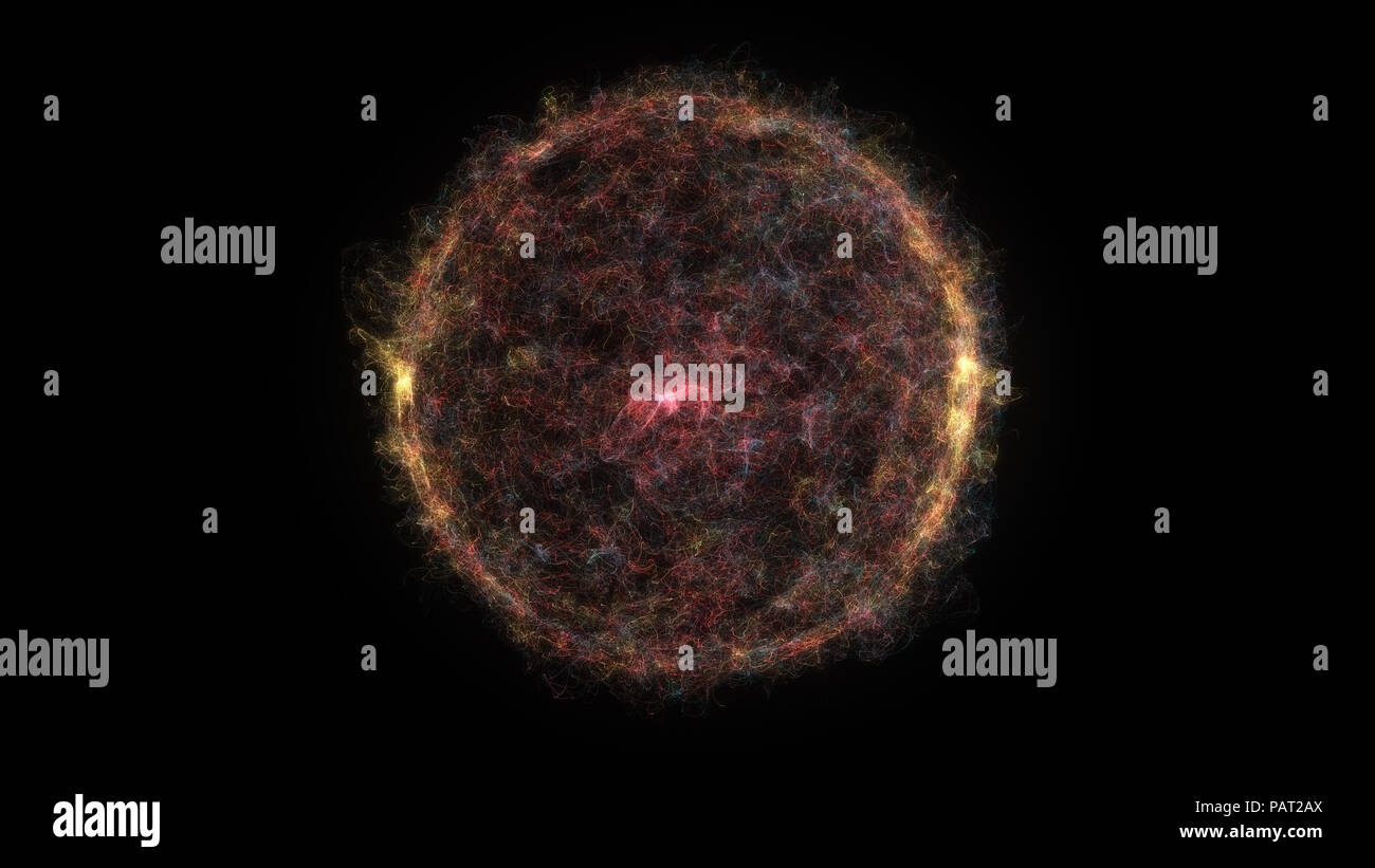 Abstract motion graphics isolato sfera colorata nello spazio con particelle incandescenti su sfondo nero. Sfera di energia con filo di linee di alimentazione. Atom scien Foto Stock