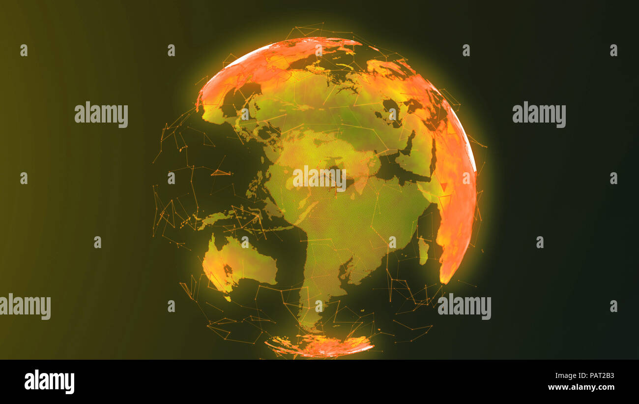 Il futuristico messa a terra digitale e gira con i nodi di rete di collegamento e circondano il mondo. Moderna età digitale, la connettività globale e distribuito cripta Foto Stock