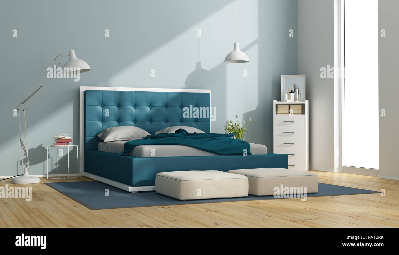 Blu e bianco camera da letto padronale con letto in pelle e cassetti - 3d rendering Foto Stock