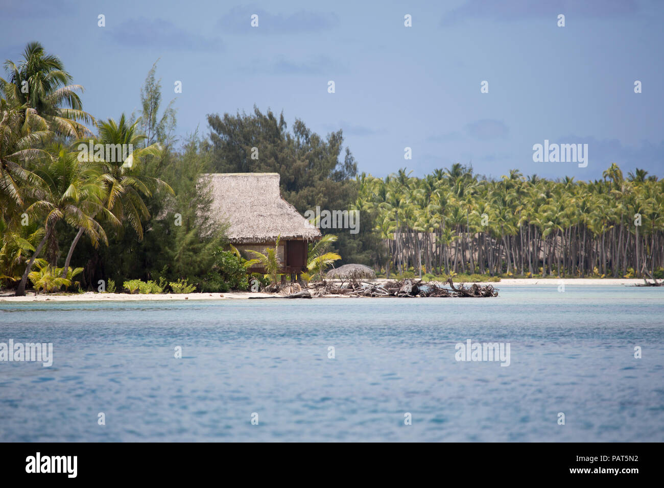 Polinesia francese, Società, Bora Bora. Scenic paesaggi acquatici con bungalow e nei dintorni di palme. Foto Stock