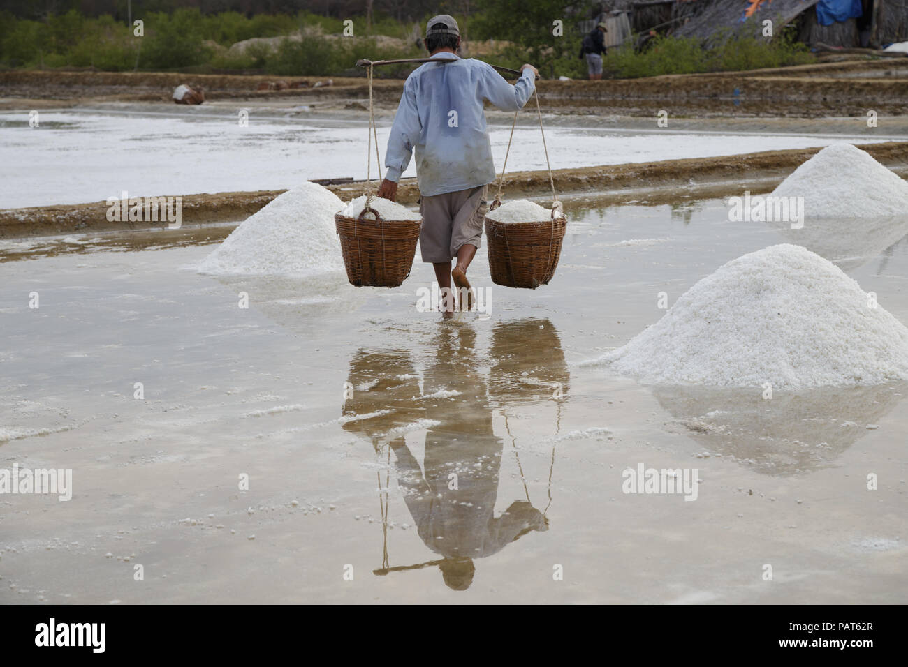 Le persone che lavorano sul campo di sale in Can Gio, Vietnam del Sud. Foto Stock