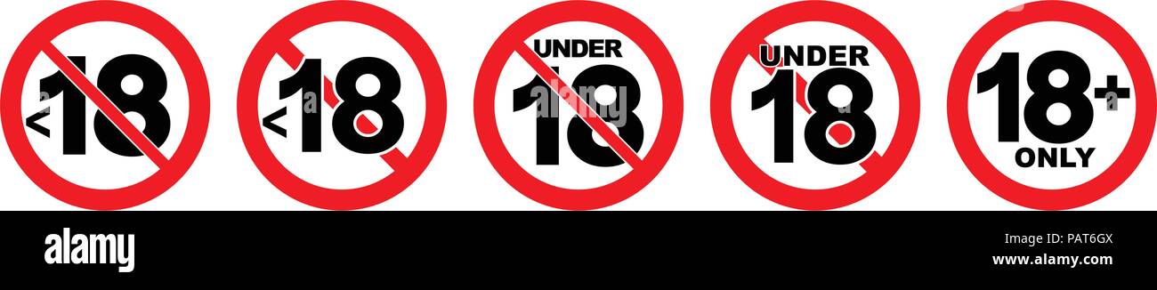 Sotto 18 non è consentito firmare. Numero diciotto in rosso attraversato cerchio. Illustrazione Vettoriale