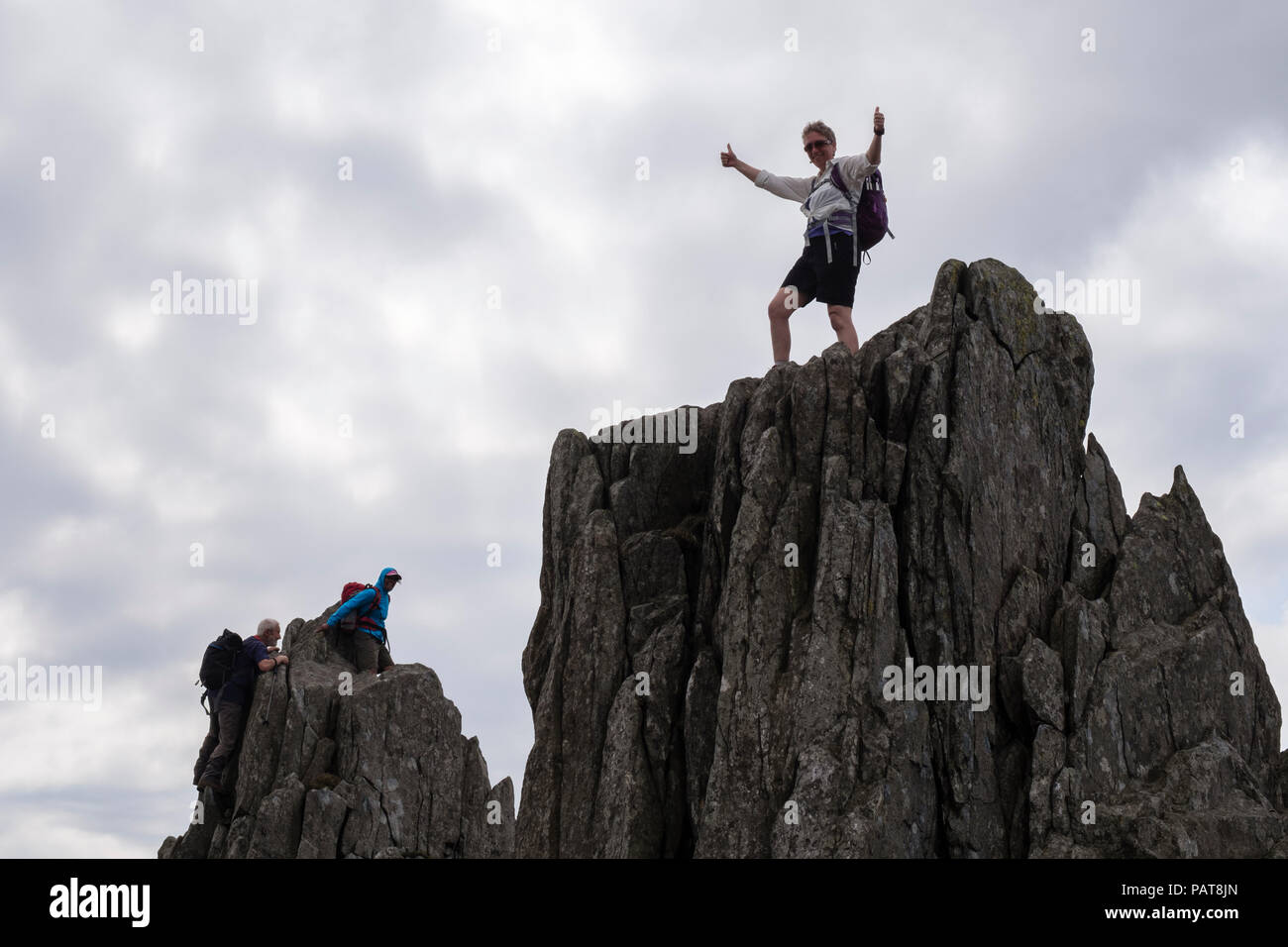 Escursionista femmina sensazione permanente di successo su un pinnacolo di roccia sul FACH Glyder nel Parco Nazionale di Snowdonia. Ogwen, Conwy, Wales, Regno Unito, Gran Bretagna Foto Stock
