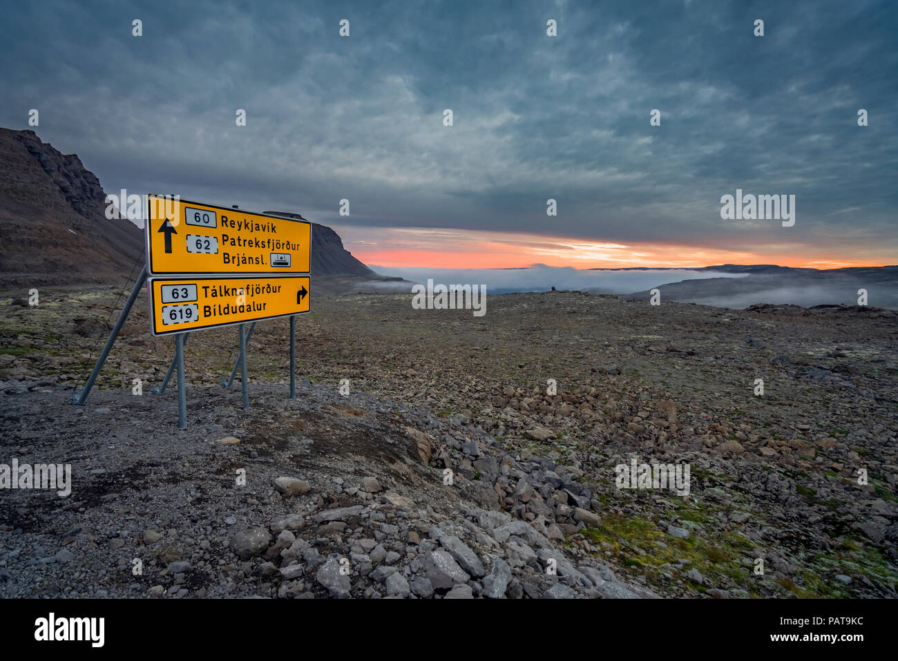 Cartello stradale, Area Dynjandi, West fiordi, Islanda Foto Stock