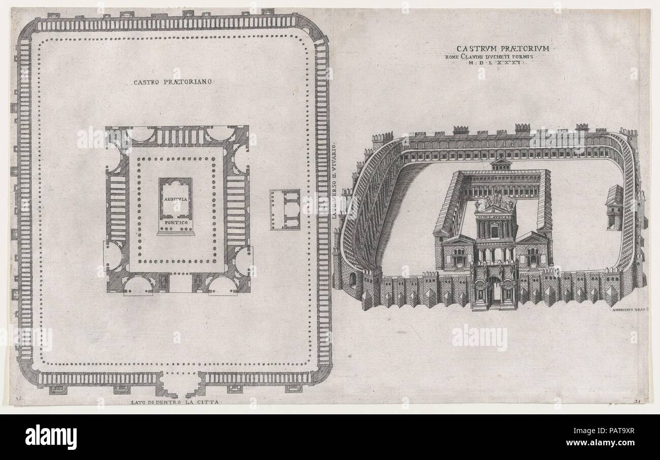 Speculum Romanae Magnificentiae": Castrum. Artista: Giovanni Ambrogio Brambilla (italiano, attivo Roma, 1575-99). Dimensioni: foglio: 12 13/16 x 20 3/8 in. (32,5 x 51,8 cm). Editore: Claudio Duchetti (italiano, attivo a Venezia e Roma, ca. 1565-morta ca. 1585). Serie/Portfolio: Speculum Romanae Magnificentiae". Data: 1581. Questa stampa proviene dal museo della copia del Speculum Romanae Magnificentiae" (Lo specchio della magnificenza romana) lo specolo trova la sua origine nella pubblicazione si sforza di Antonio Salamanca e Antonio Lafreri. Durante la loro pubblicazione romana carriera, i due editori stranieri Foto Stock