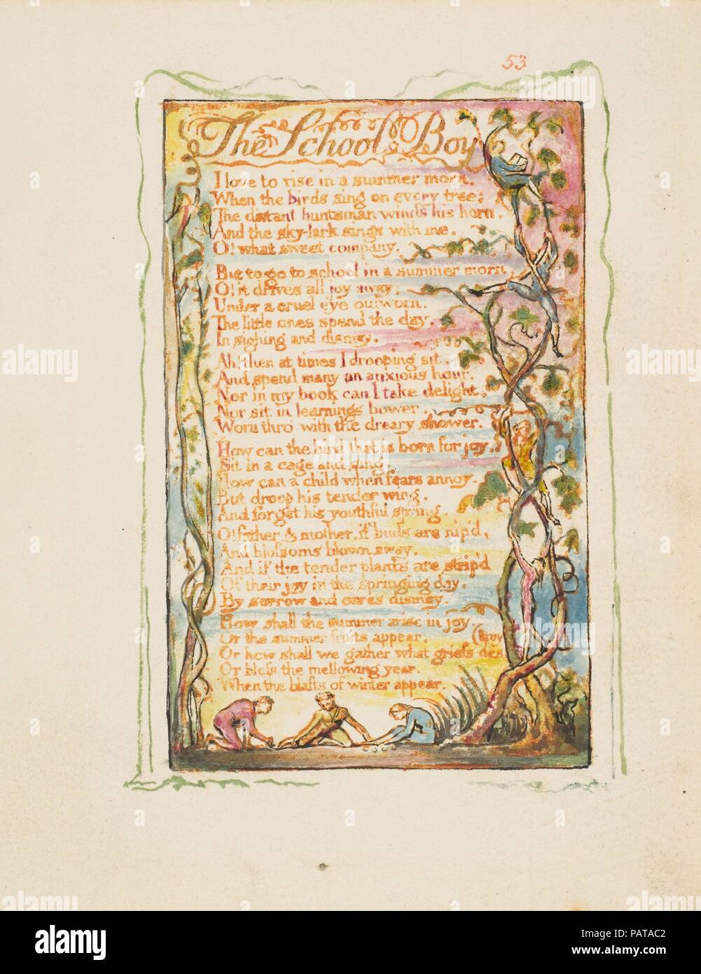 Canti di innocenza e di esperienza: la scuola ragazzo. Artista: William Blake (British, Londra Londra 1757-1827). Dimensioni: foglio: 6 3/16 x 5 9/16 in. (15,7 x 14,1 cm). Data: ca. 1825. Museo: Metropolitan Museum of Art di New York, Stati Uniti d'America. Foto Stock